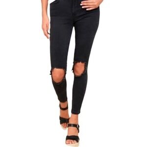 Free People Black Denim Destroyed Knee Skinny Jean Womens 27 Grunge Stretch